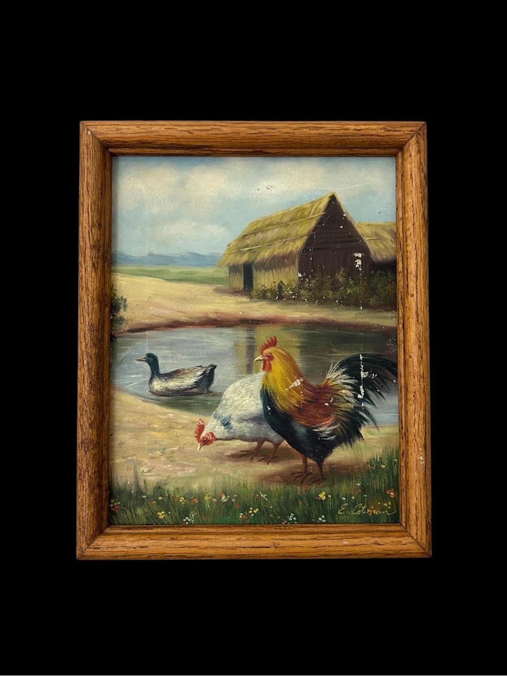 Original Oil on Canvas Barnyard Scene Signed by the Artist 8x10